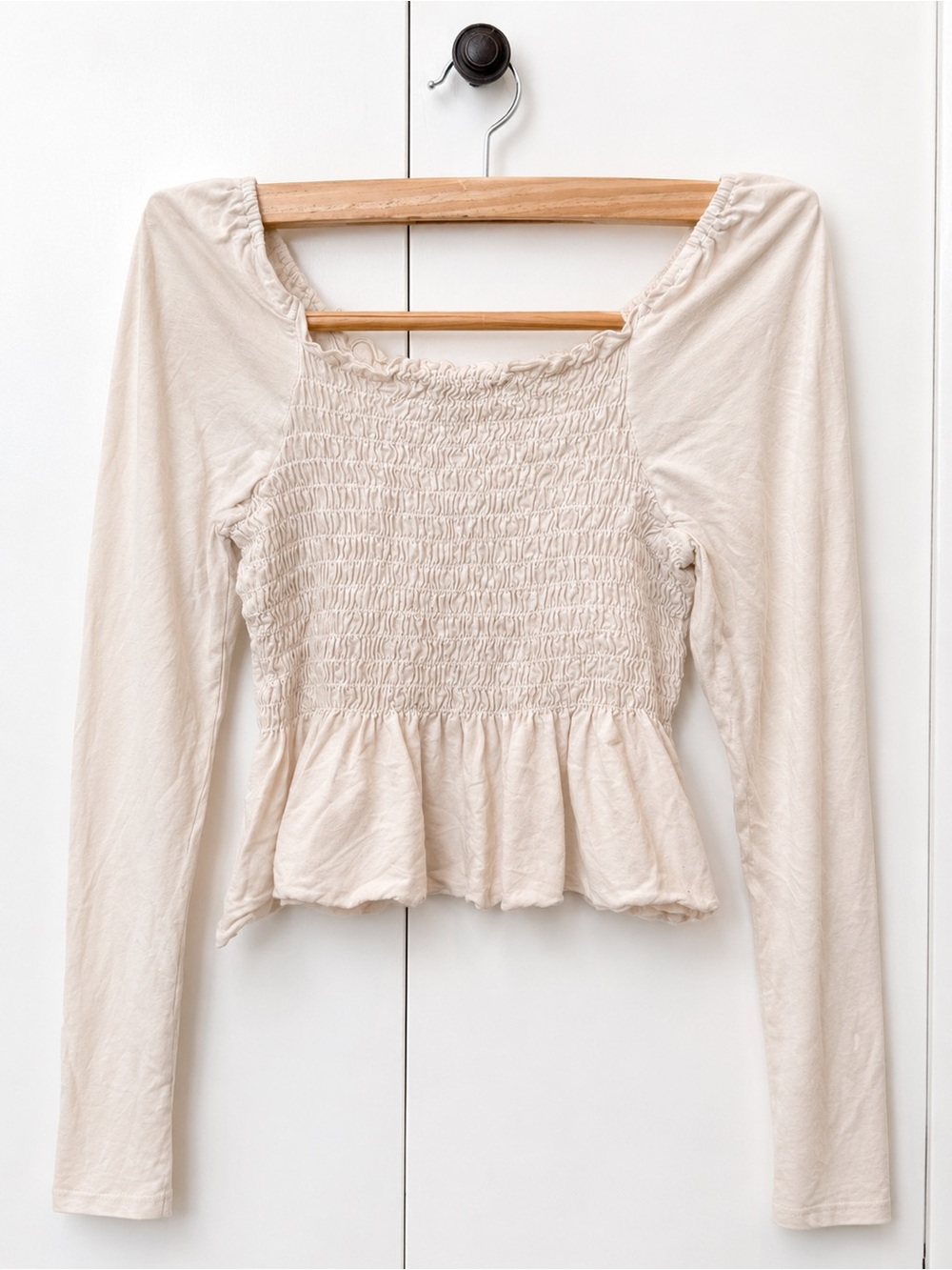 Truly Madly Deeply Smocked Peplum Long Sleeve Top - Cream